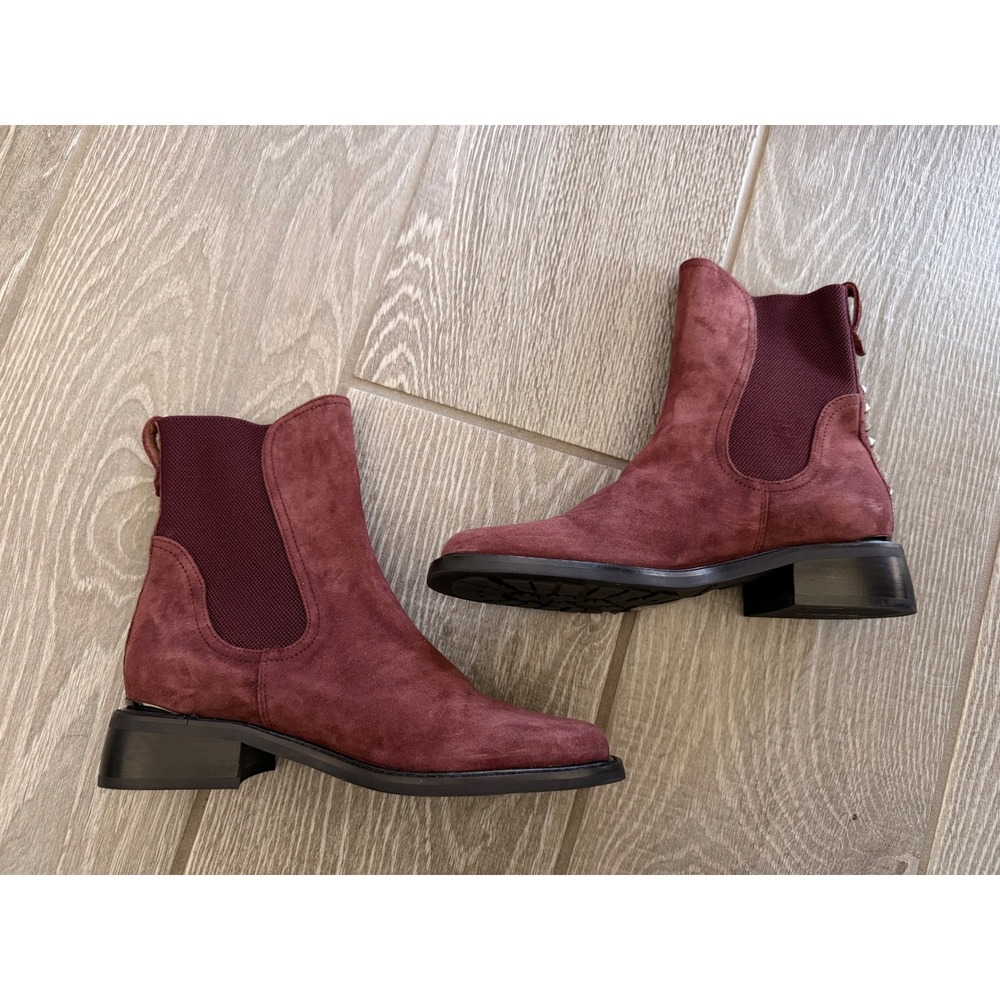 Donald Pliner Autumn Burgundy Suede Studded Chelsea Boots Square Toe Womens 6.5M